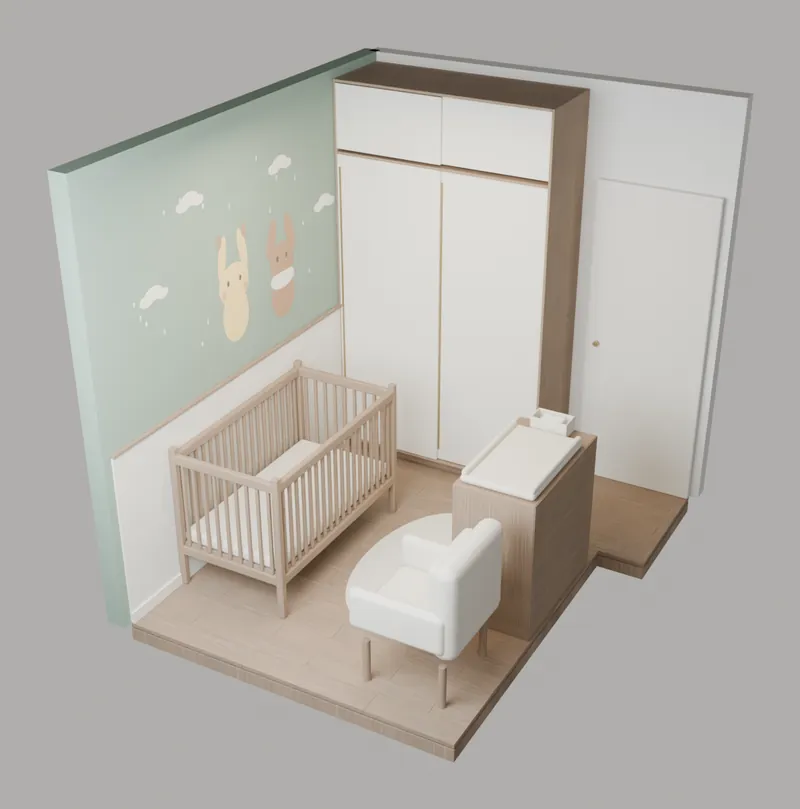 Maquete 3D do quarto do bebê em corte: berço de madeira, armário branco alto, cômoda trocador, poltrona e parede verde com coelhinhos